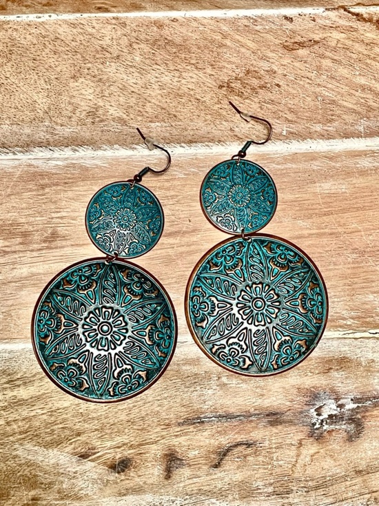 Jewelry - Turquoise Copper Patina Filigree Double Disc Drop Earrings XL